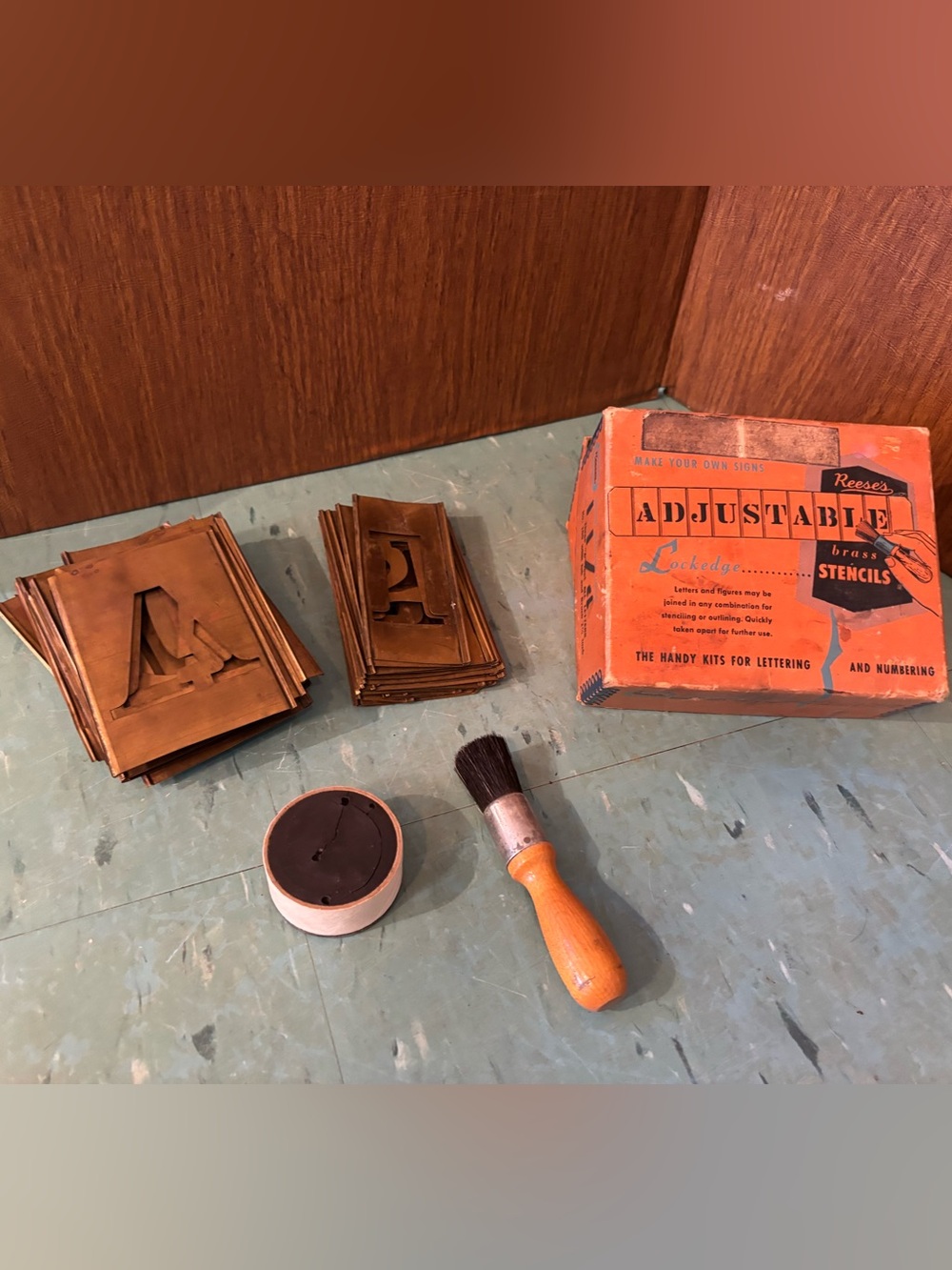 Vintage brass stencil set 1940’s 1950’s with brush and ink in box. Complete